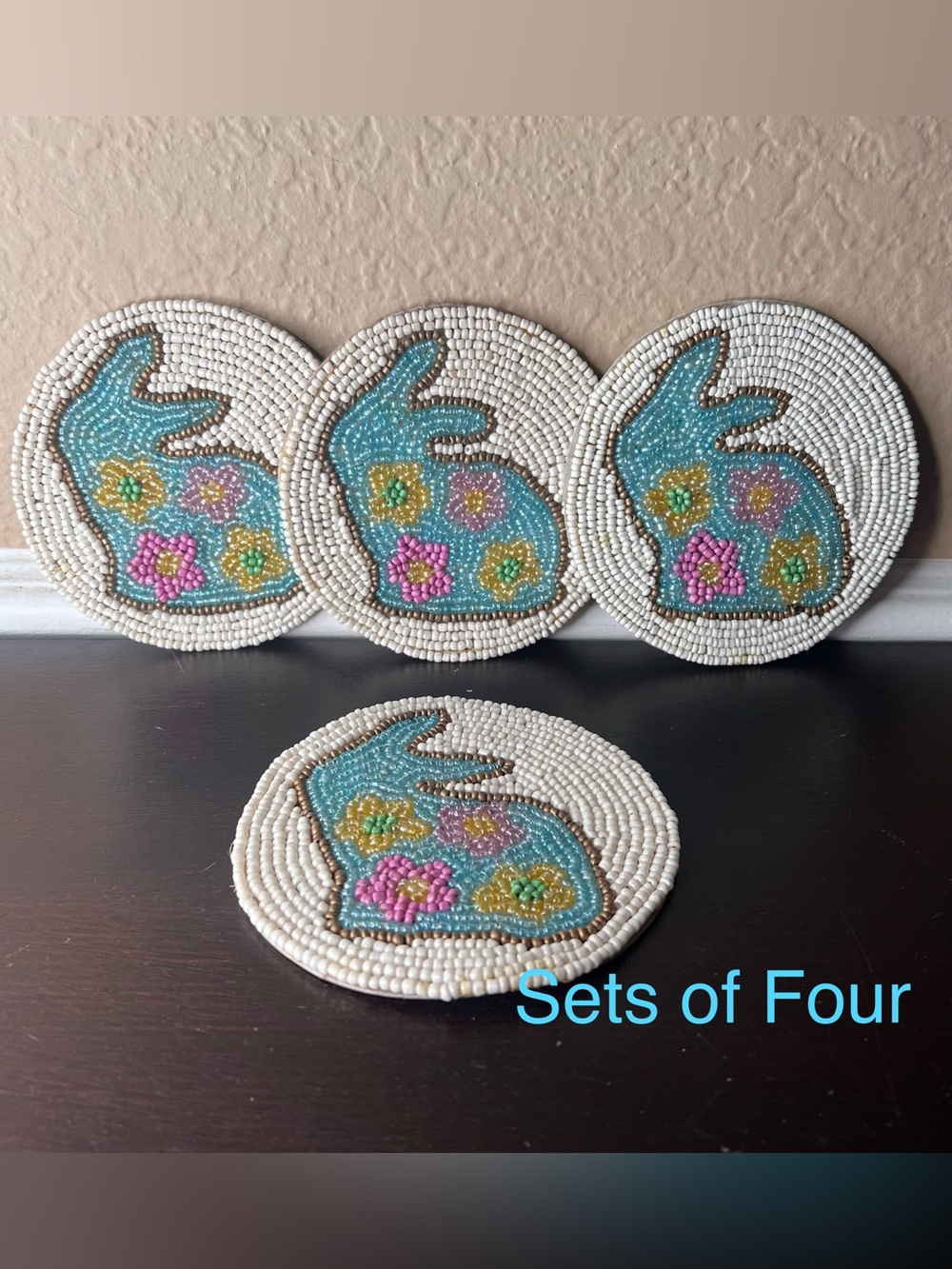 Vintage Beaded Bunny Coasters Set of 4, Easter Rabbit Drink Coasters, Glass